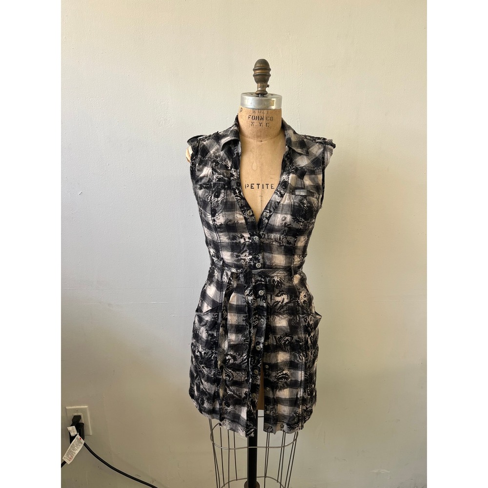 Guess Jeans Black White Plaid Floral Damask Sleeveless Shirt Dress Belted M